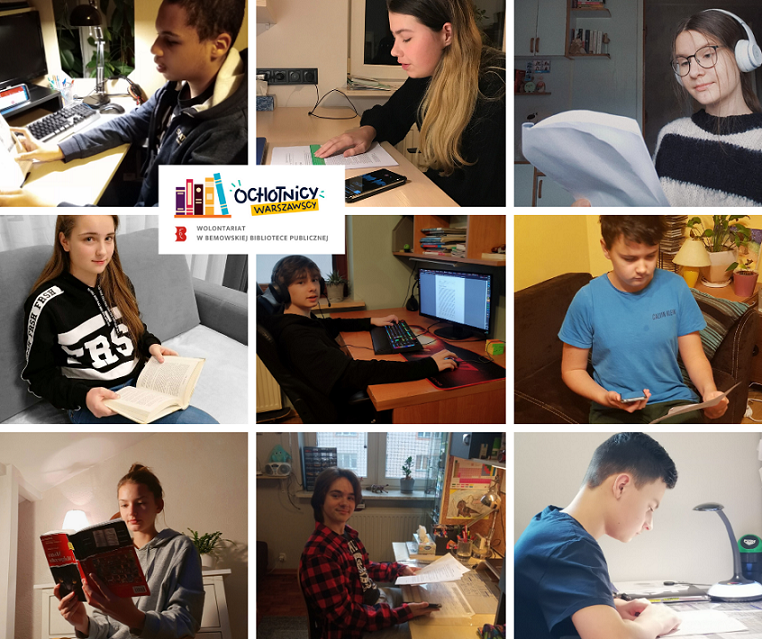 Kolaż 9 zdjęć, z których każde przedstawia sylwetkę wolontariusza czytającego książkę i/lub nagrywającego audiobook