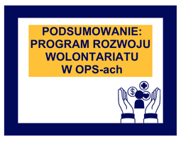Ciemnogranatowy napis na żółtym tle: "Podsumowanie: Program rozwoju wolontariatu w OPS-ach". Wokół ciemnogranatowa ramka. W prawym rogu, na dole znajduje się grafika przedstawiająca rozłożone dłonie