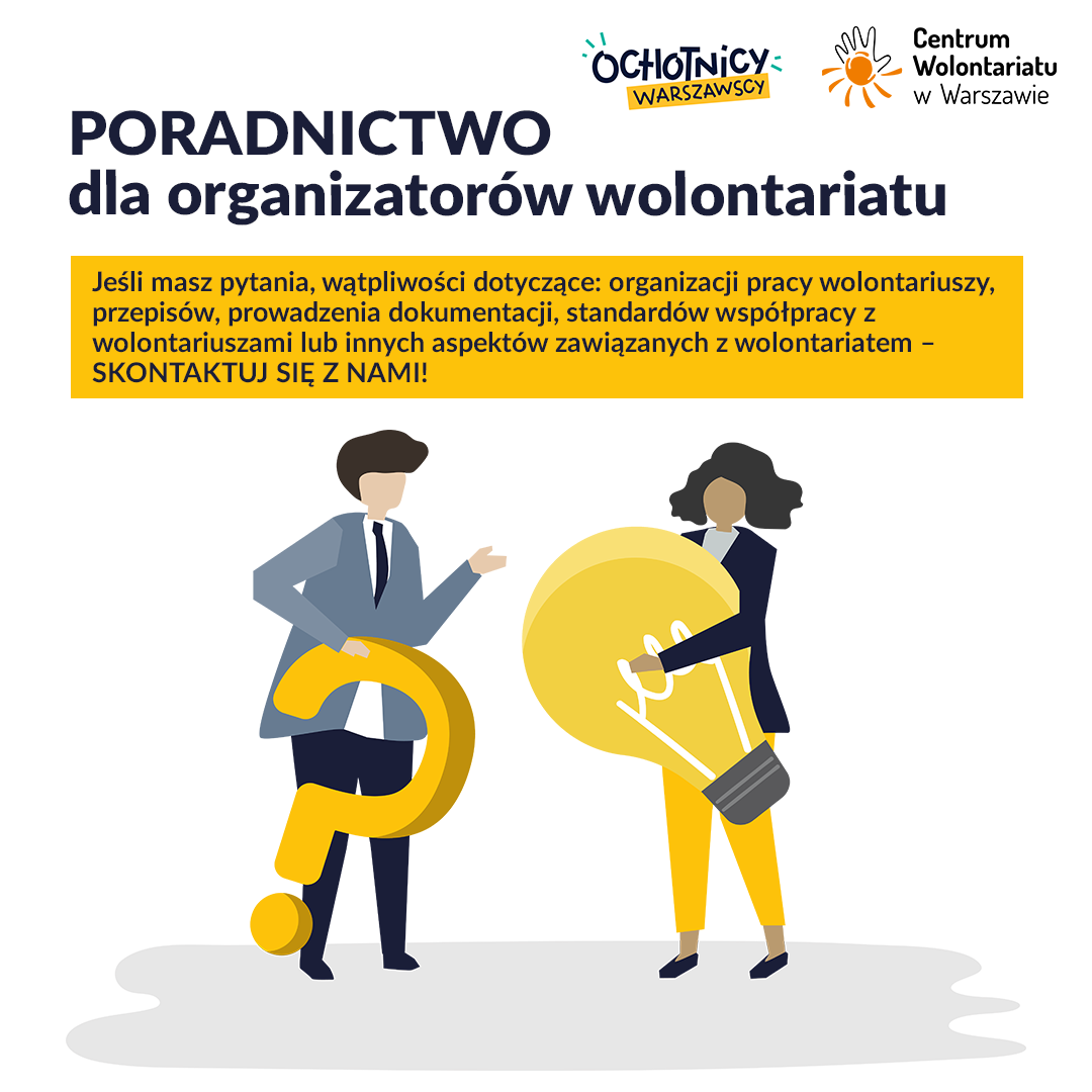 Grafika poradnictwa. Postać mężczyzny trzymająca duży znak zapytania zwrócona do postaci kobiety trzymającej dużą zapaloną żarówkę