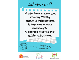 Poszukujemy wolontariusza do wsparcia w nauce matematyki (zakres klasy 7, 5 i 4 szkoły podstawowej)